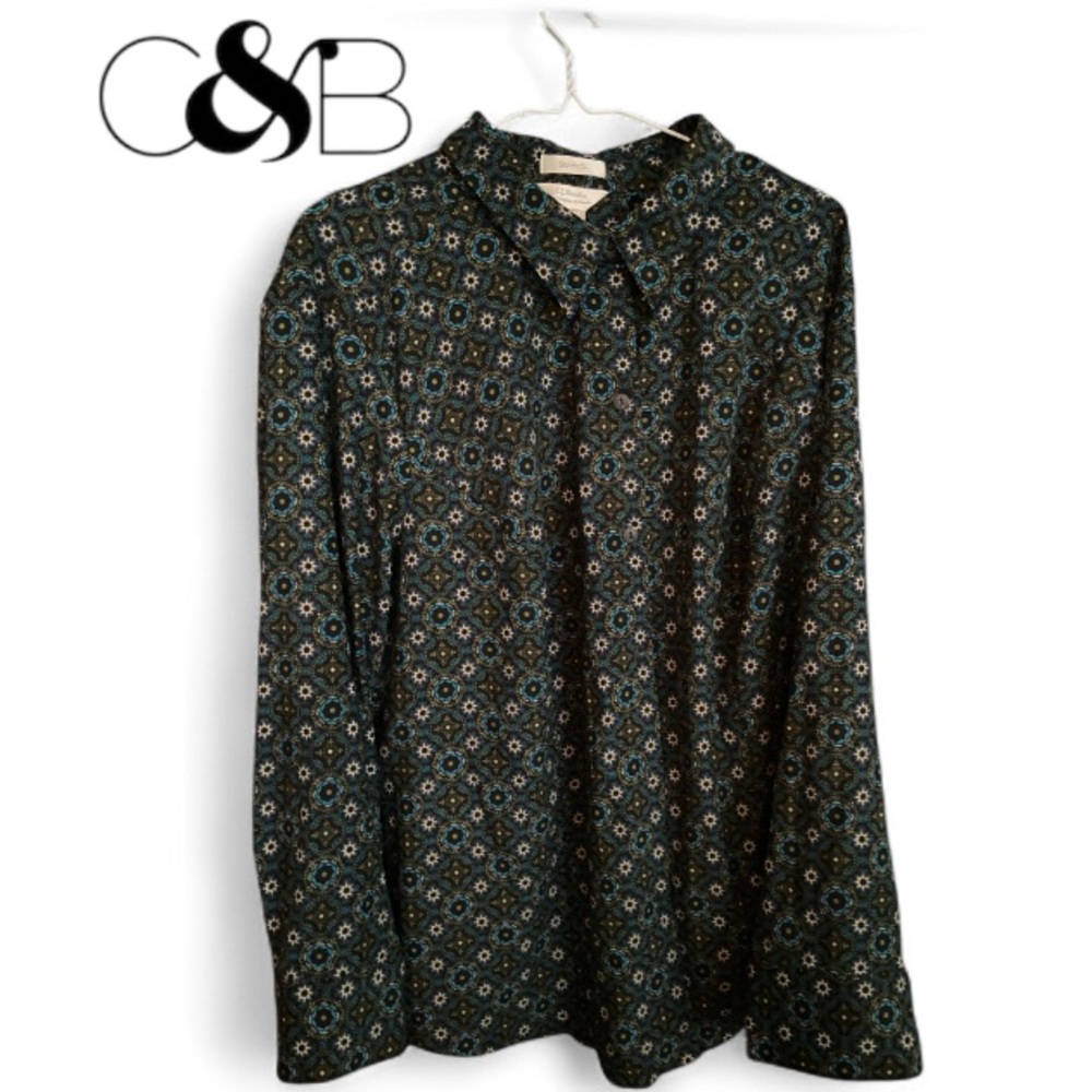 3X CJ Banks Button Up Printed Blouse in Geometric Pattern